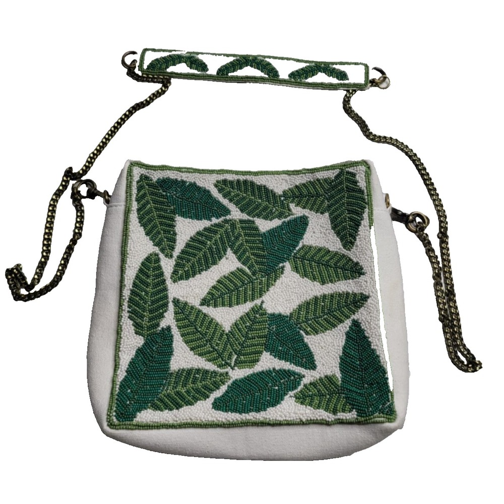 Beaded Handbag Palm Leaves‎ White Chain Elegant